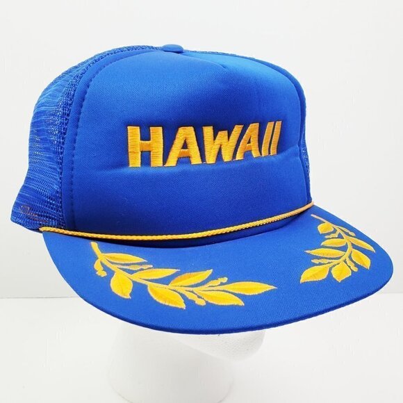 Hawaiian Headwear Vintage Hawaii Trucker Snapback Hat Foam Mesh Gold Leaf Corded - Picture 3 of 8